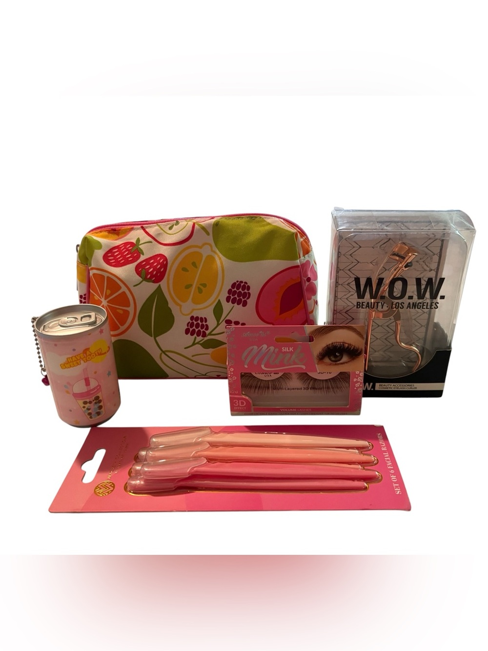 Clinique Beauty Bundle Floral Citrus Makeup Bag with Pink Beauty Tools & Lashes